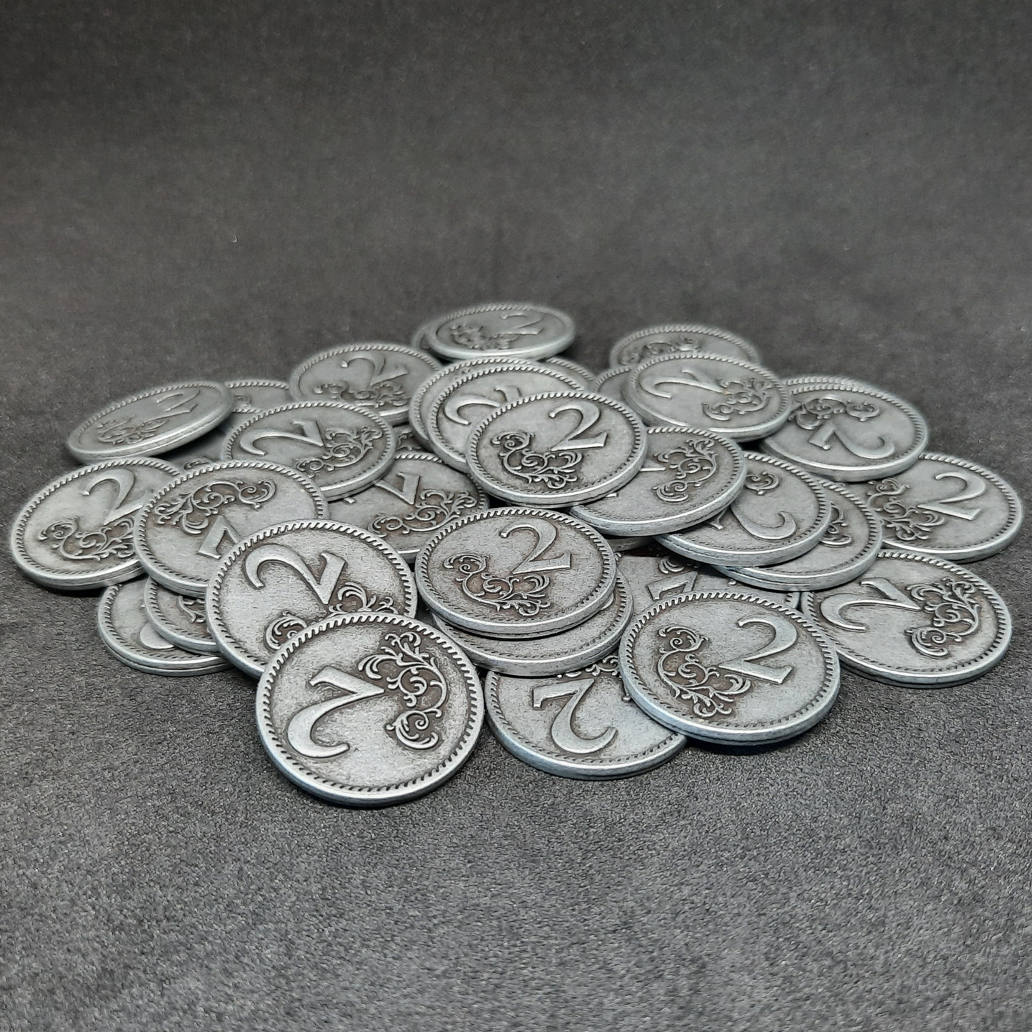 Silver metal coins of value 2 for board games, 22mm