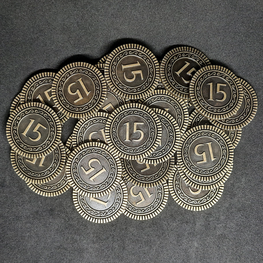 Antique gold coins, 30mm, of value 15 for board games, role playing games or magic theme party