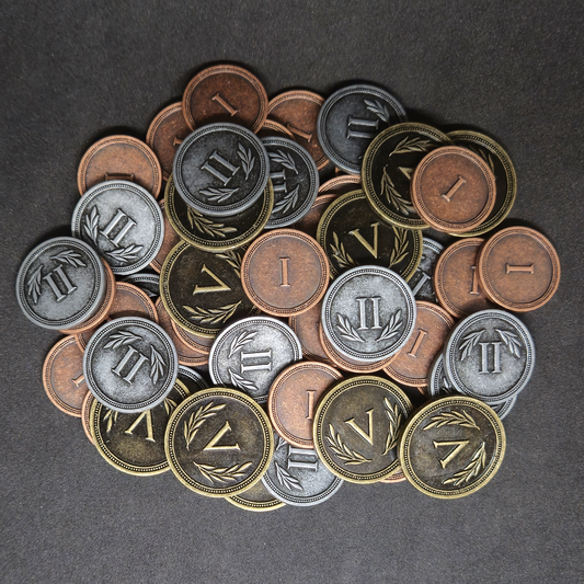 Ensemble de pièces romaines en métal couleur bronze, argent et or de valeur 1, 2 et 5 pour jeux de société