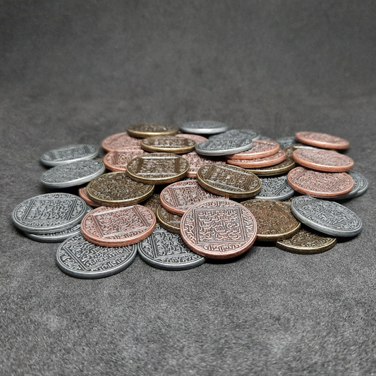 Set of arabic bronze, silver and gold metal coins for board games, 22mm