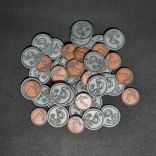 Set of bronze and silver metal coins of value 1 and 5 for board games