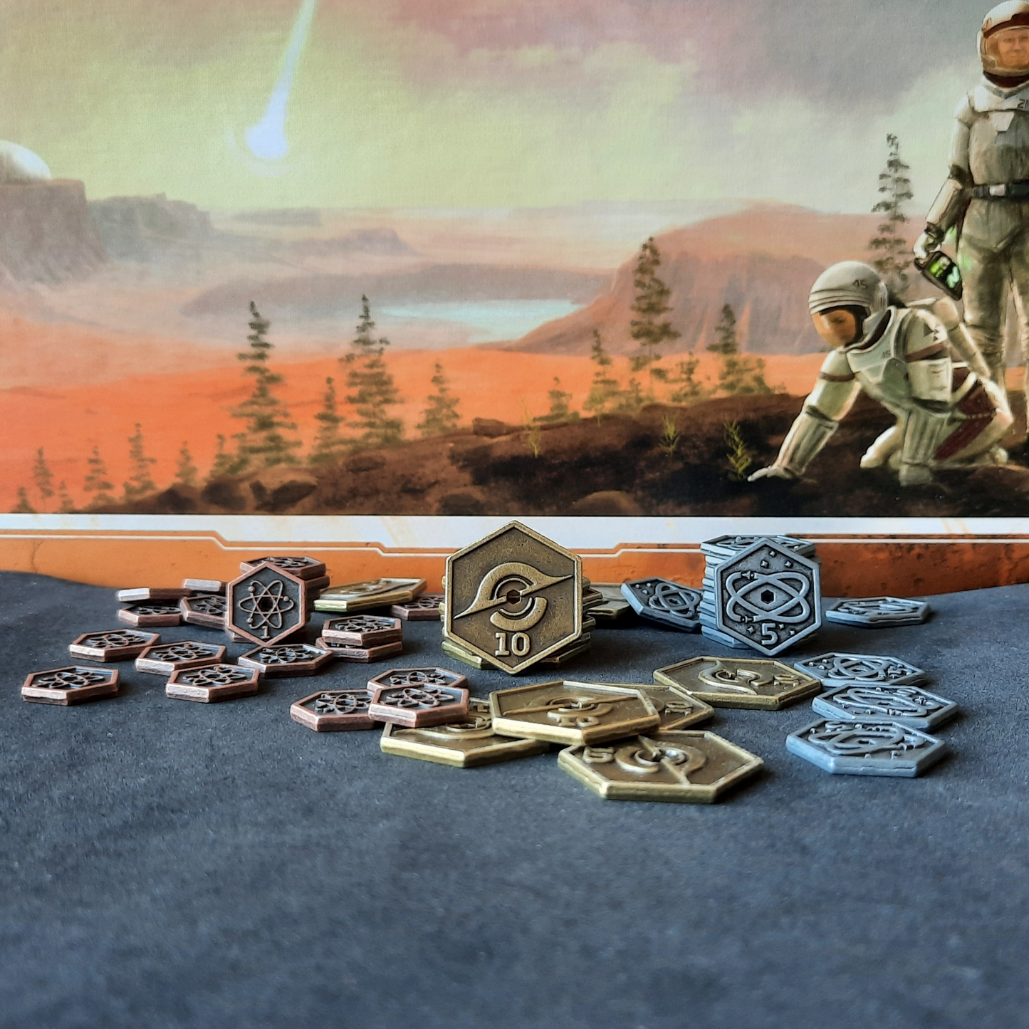 Set of hexagonal metal coins for Terraforming Mars