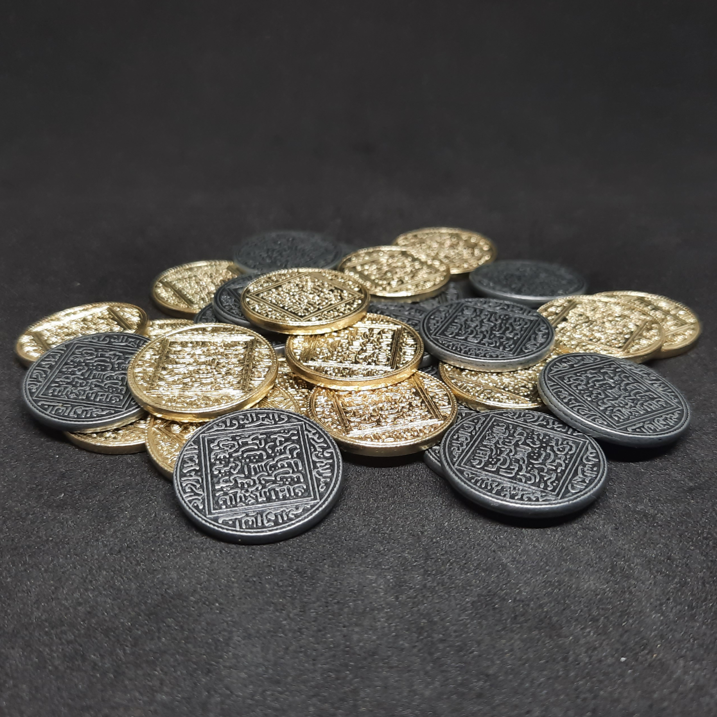 Set of arabic bronze, silver and gold metal coins for board games, 22mm