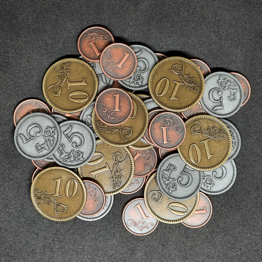 Set of bronze, silver and gold metal coins of value 1, 5 and 10 for board games