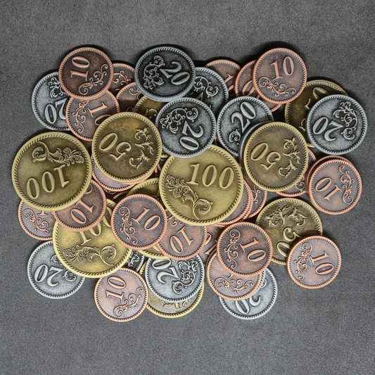 Ensemble de pièces en métal couleur bronze, argent et or de valeur 10, 20, 50 et 100 pour jeux de société