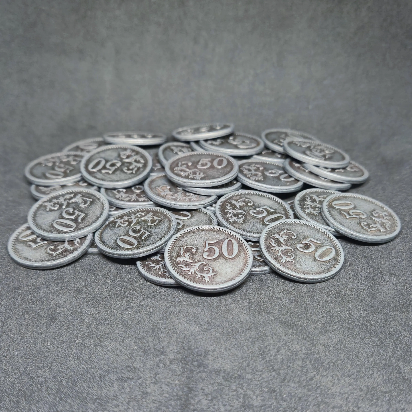 Silver metal coins of value 50 for board games, 25mm