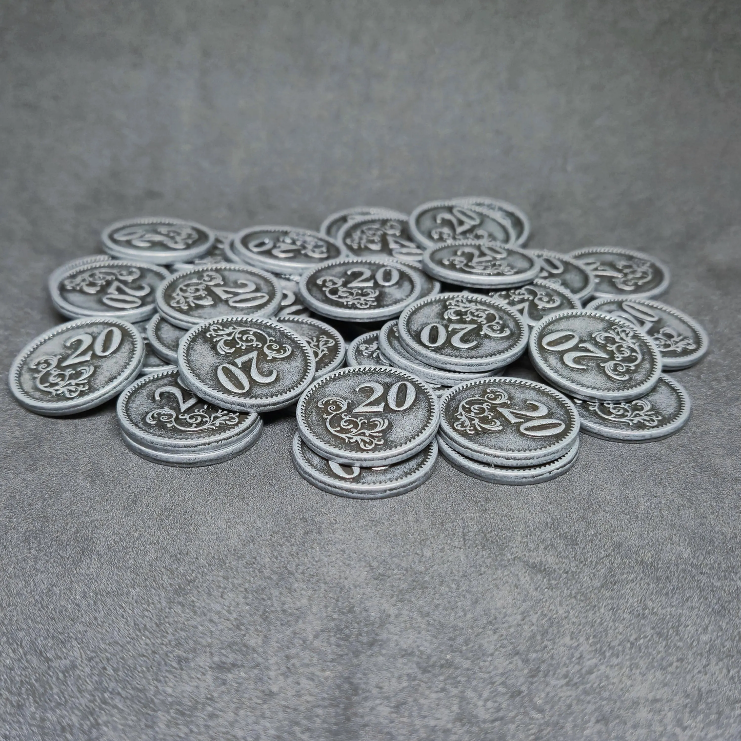 Silver metal coins of value 20 for board games, 22mm
