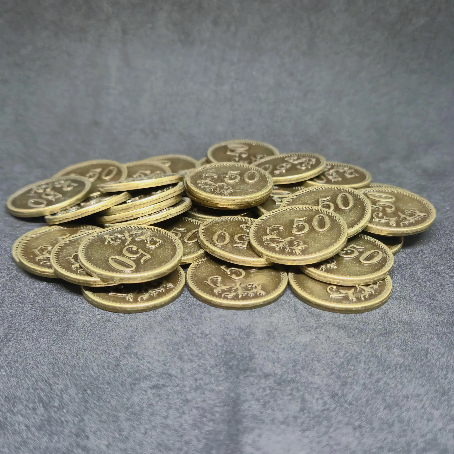 Gold metal coins of value 50 for board games, 25mm