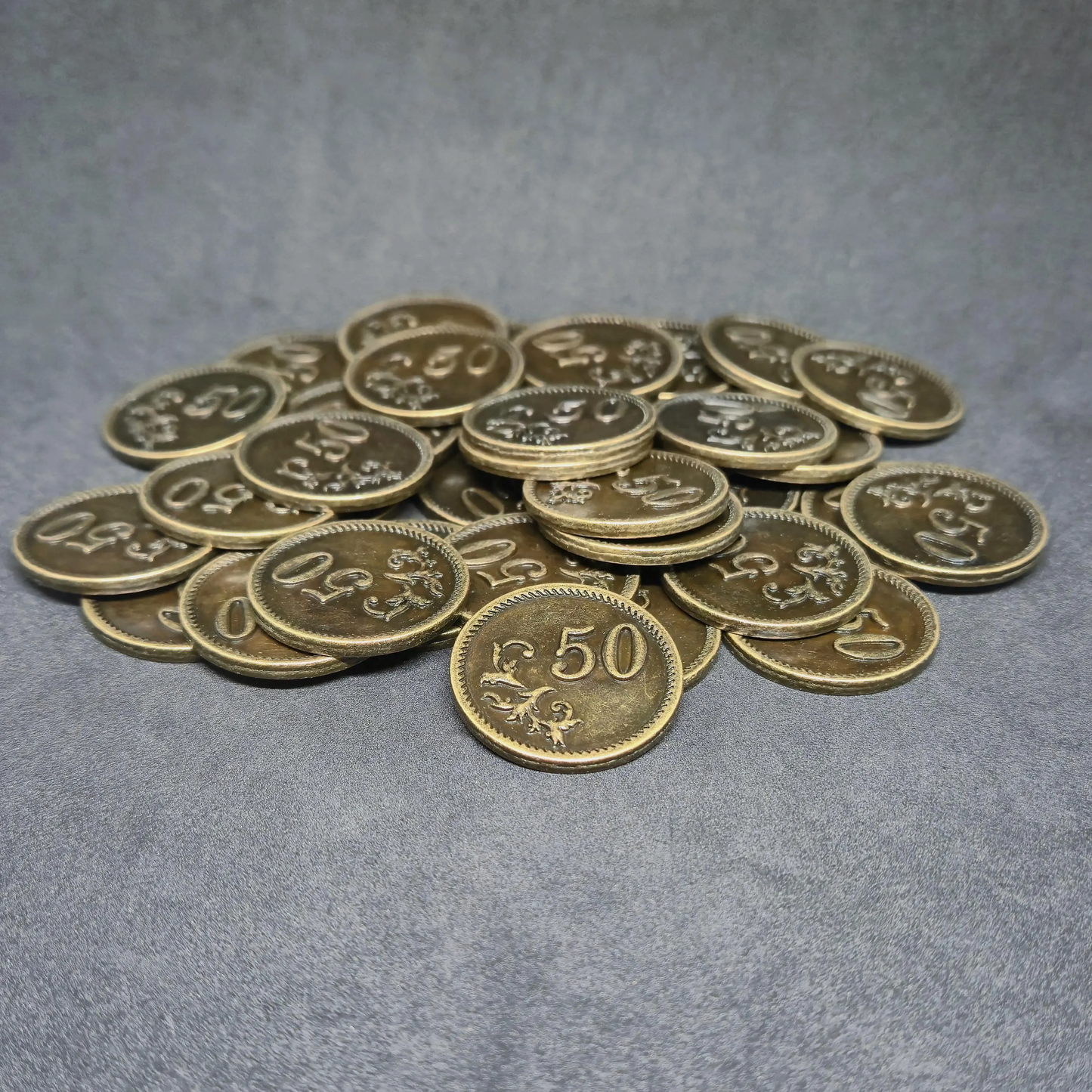 Antique gold metal coins of value 50 for board games, 25mm