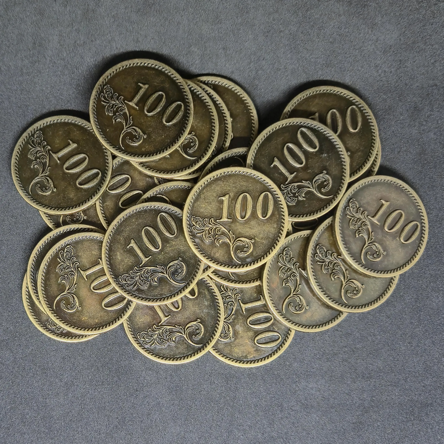 Antique gold metal coins of value 100 for board games, 30mm