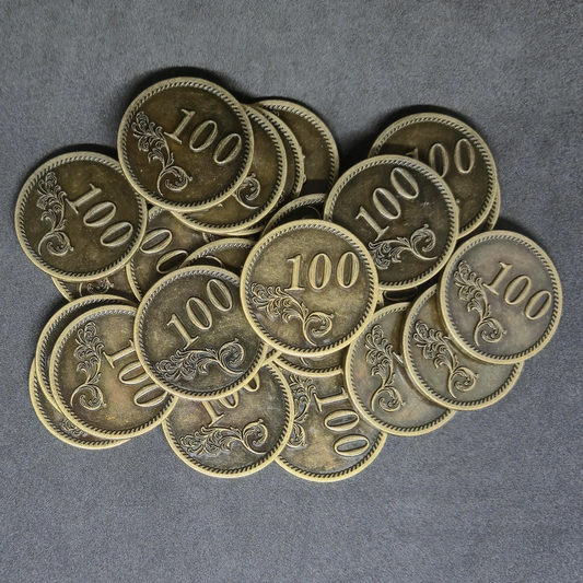 Antique gold metal coins of value 100 for board games, 30mm