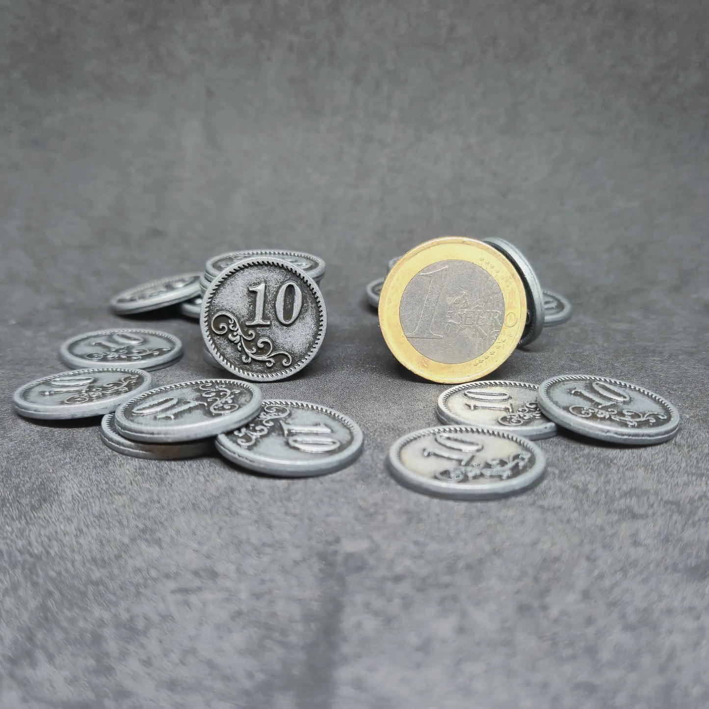 Silver metal coins of value 10 for board games, 20mm