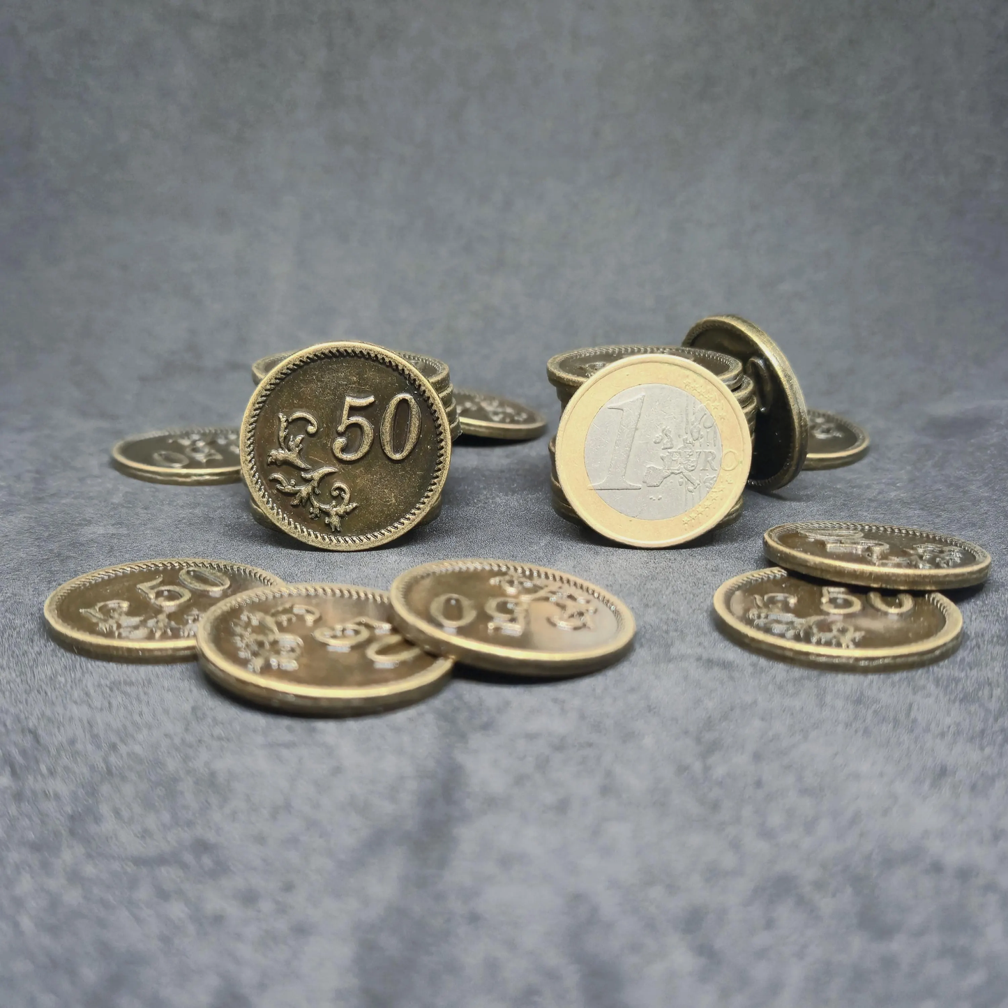 Antique gold metal coins of value 50 for board games, 25mm