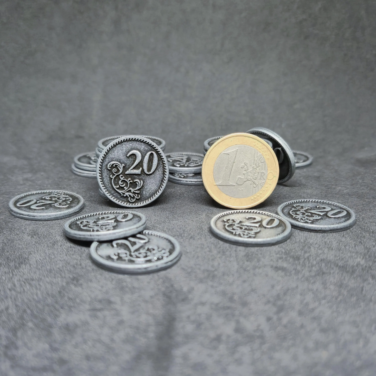 Silver metal coins of value 20 for board games, 22mm