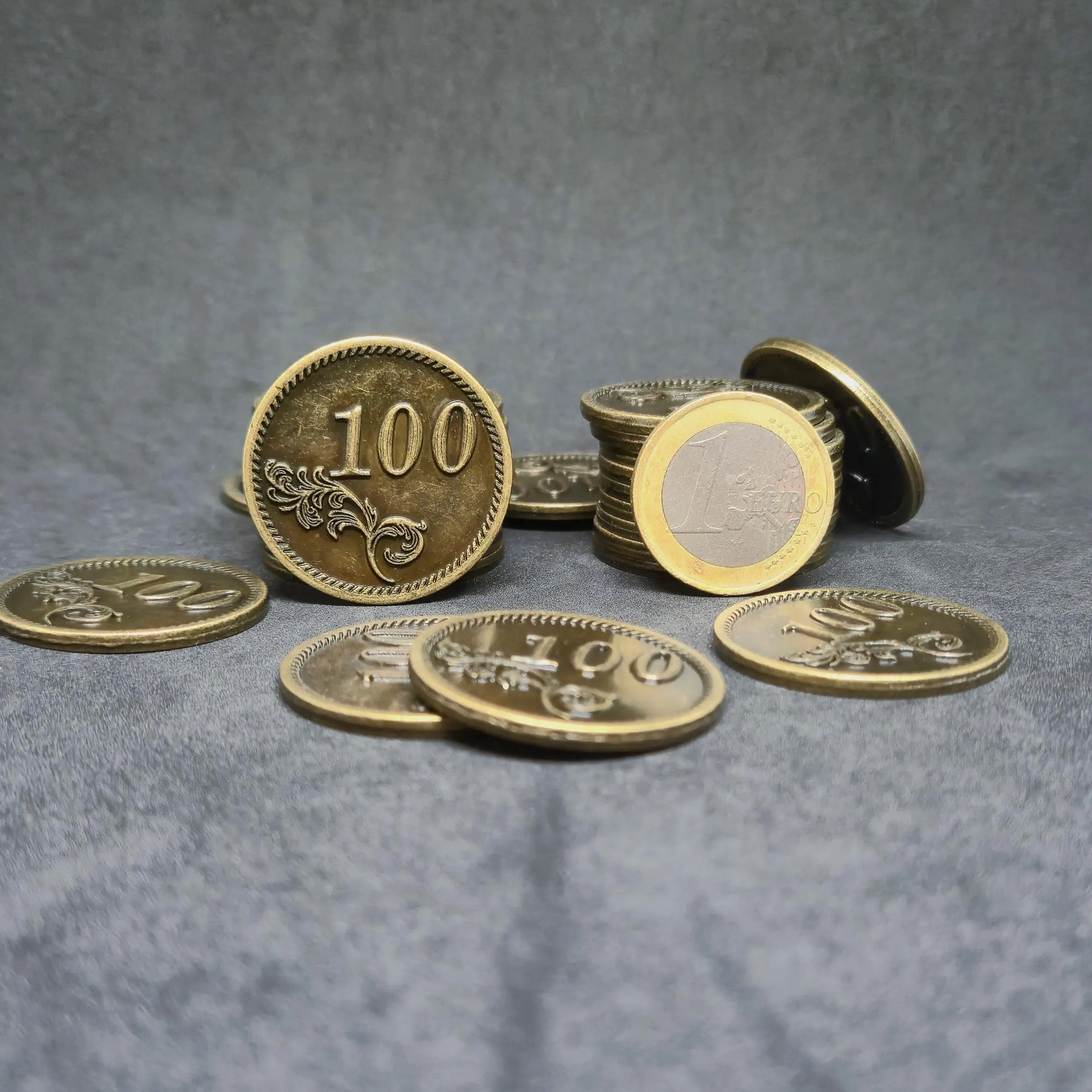 Antique gold metal coins of value 100 for board games, 30mm