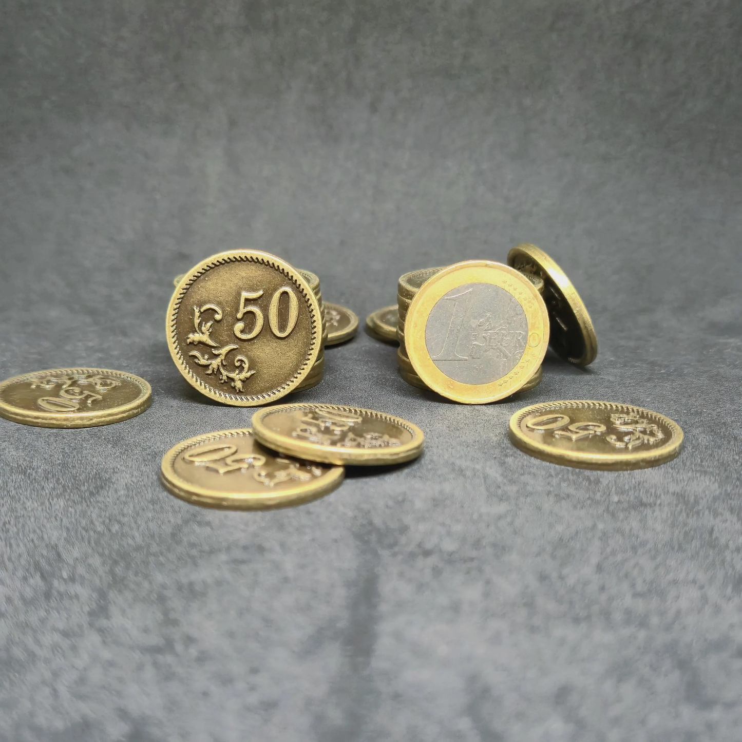 Gold metal coins of value 50 for board games, 25mm