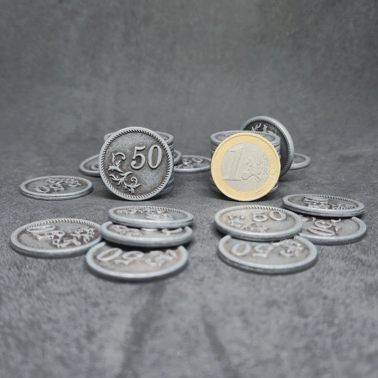 Silver metal coins of value 50 for board games, 25mm