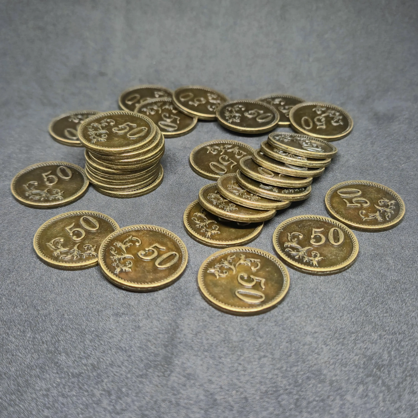 Antique gold metal coins of value 50 for board games, 25mm