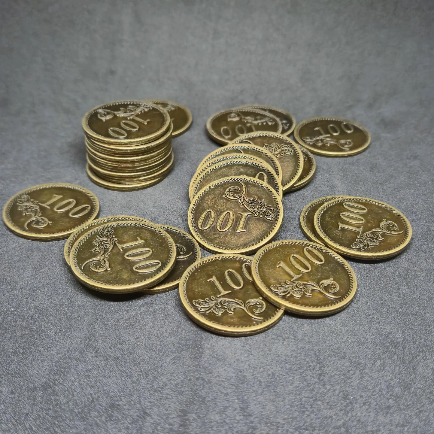 Antique gold metal coins of value 100 for board games, 30mm