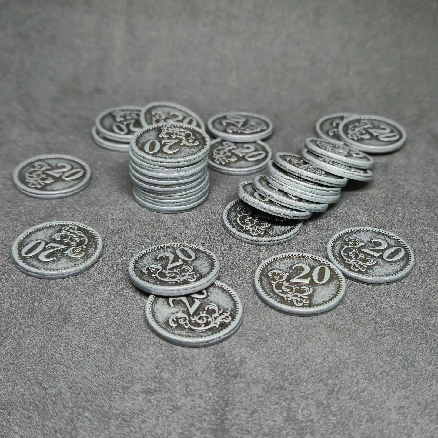 Silver metal coins of value 20 for board games, 22mm