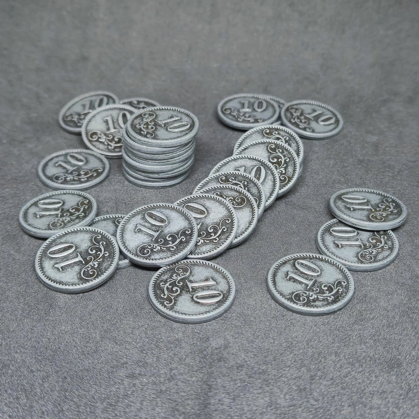 Silver metal coins of value 10 for board games, 20mm