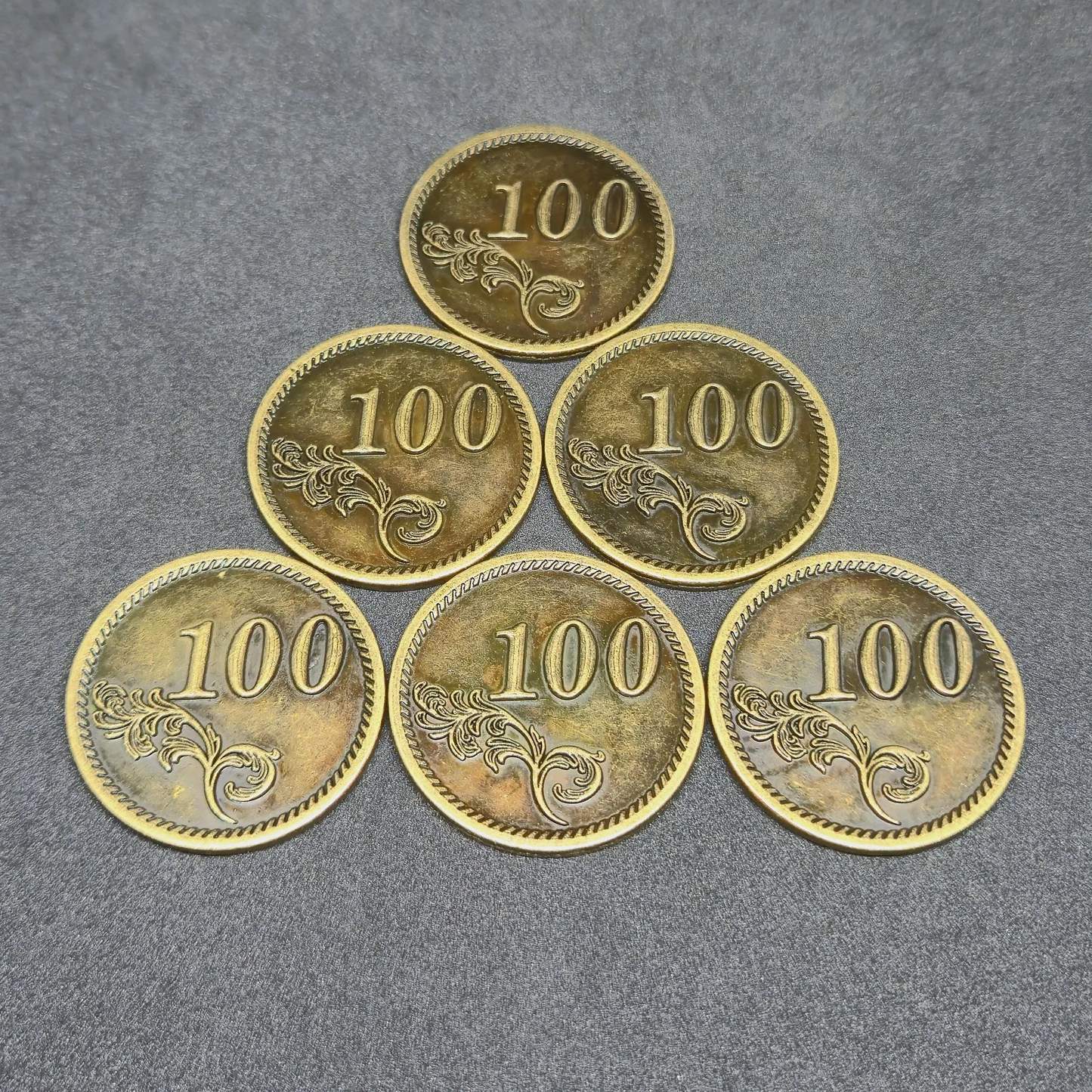 Antique gold metal coins of value 100 for board games, 30mm