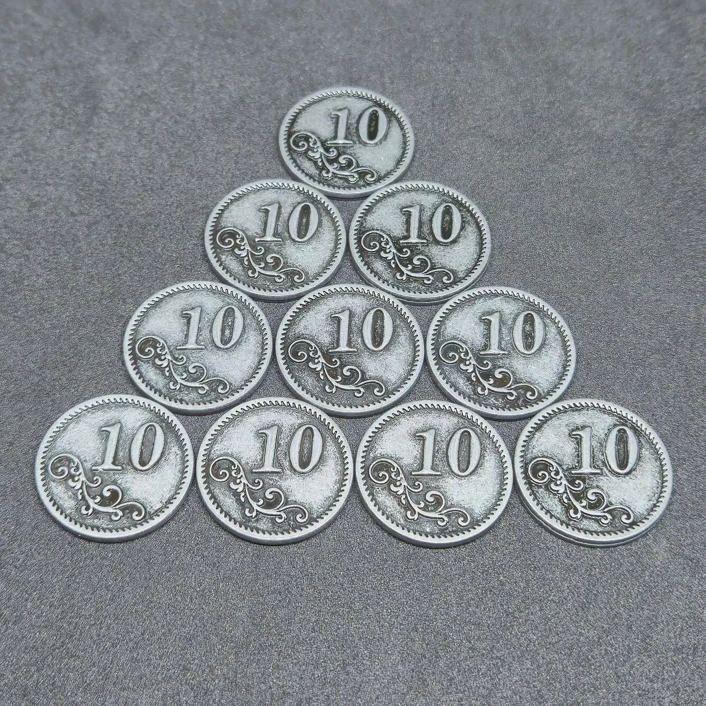 Silver metal coins of value 10 for board games, 20mm
