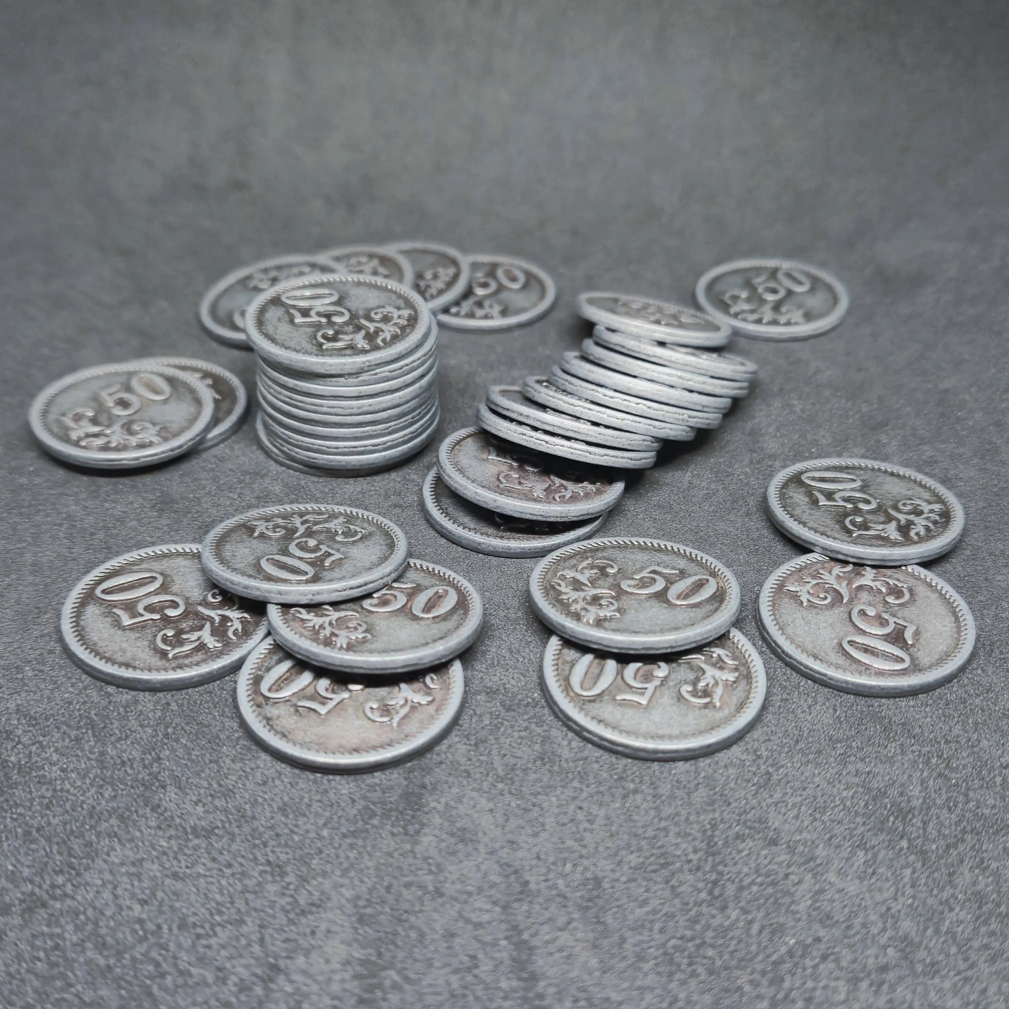 Silver metal coins of value 50 for board games, 25mm