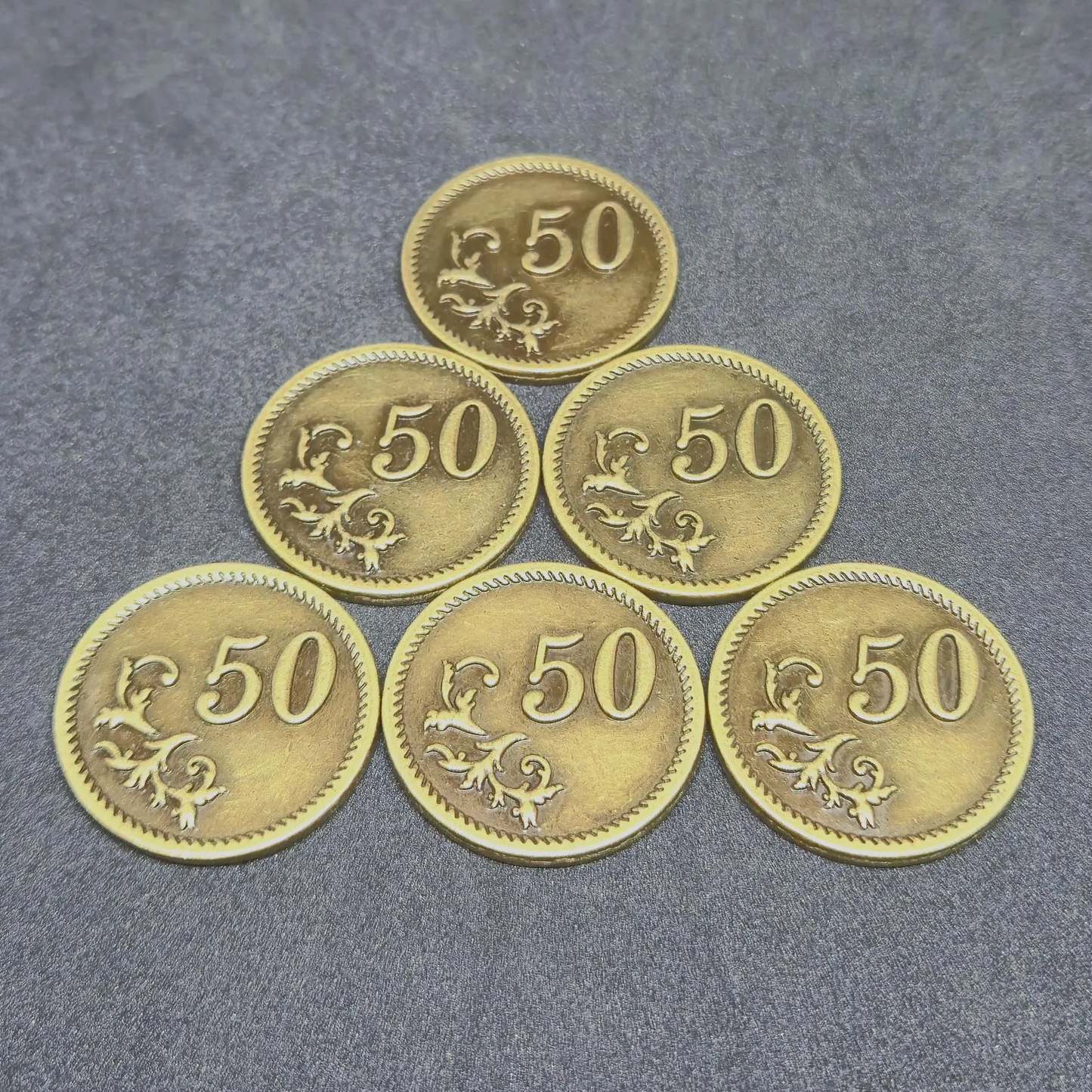 Gold metal coins of value 50 for board games, 25mm