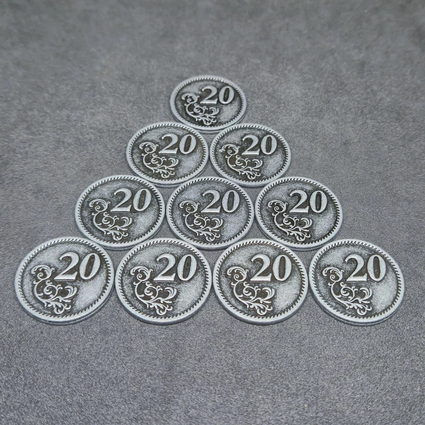 Silver metal coins of value 20 for board games, 22mm