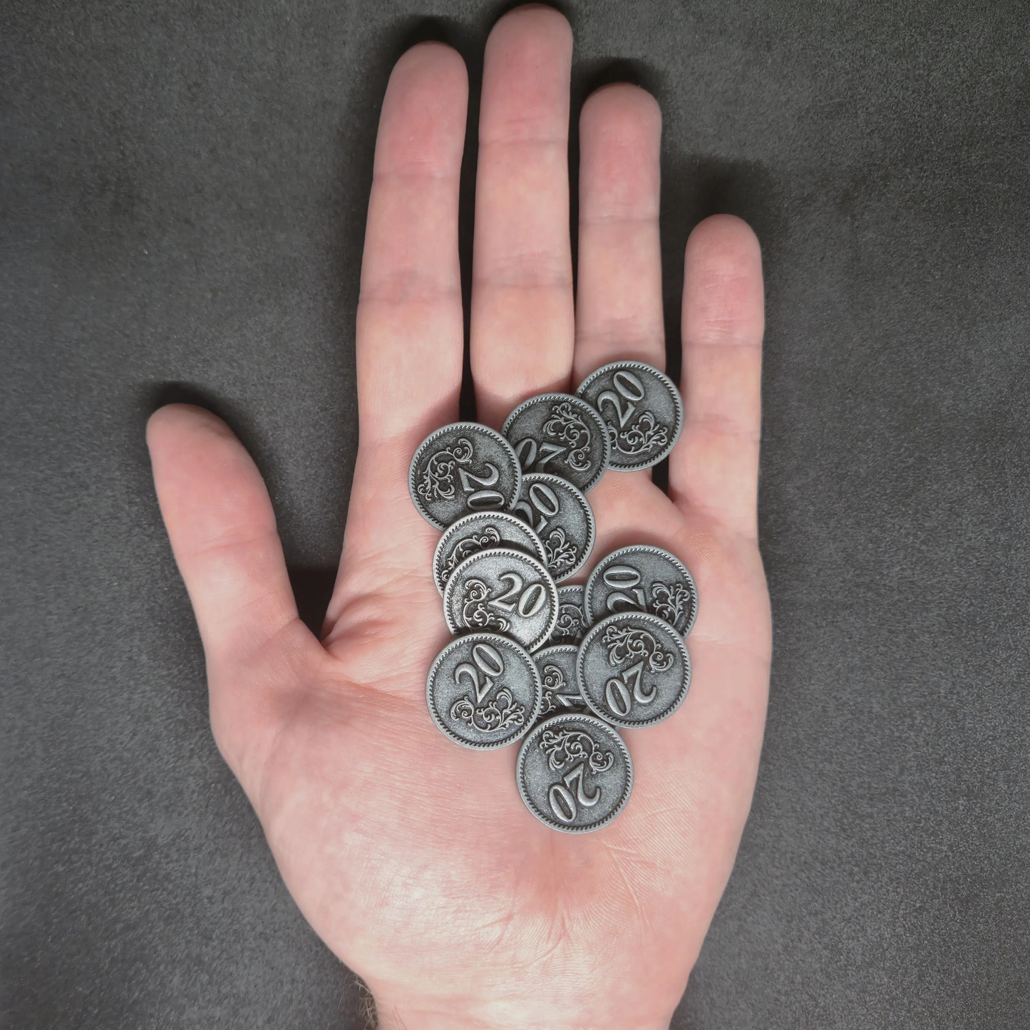 Silver metal coins of value 20 for board games, 22mm
