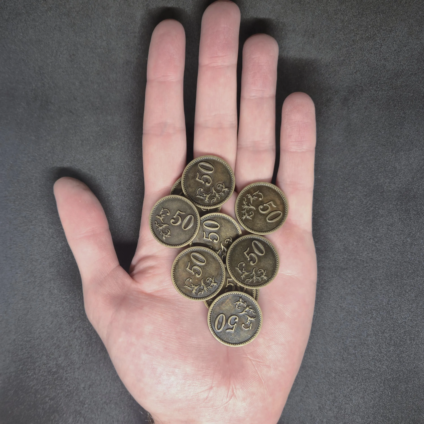 Antique gold metal coins of value 50 for board games, 25mm