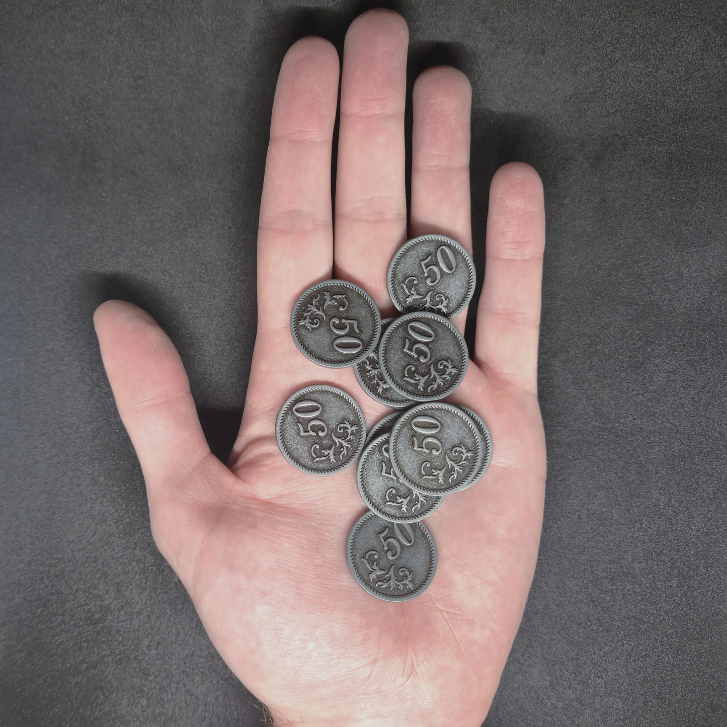 Silver metal coins of value 50 for board games, 25mm