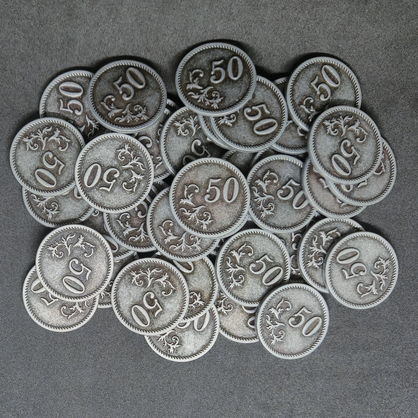 Silver metal coins of value 50 for board games, 25mm