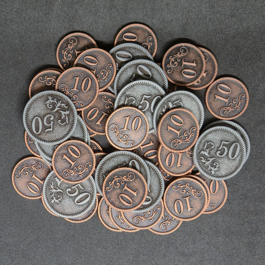 Set of bronze and silver metal coins of value 10 and 50 for board games