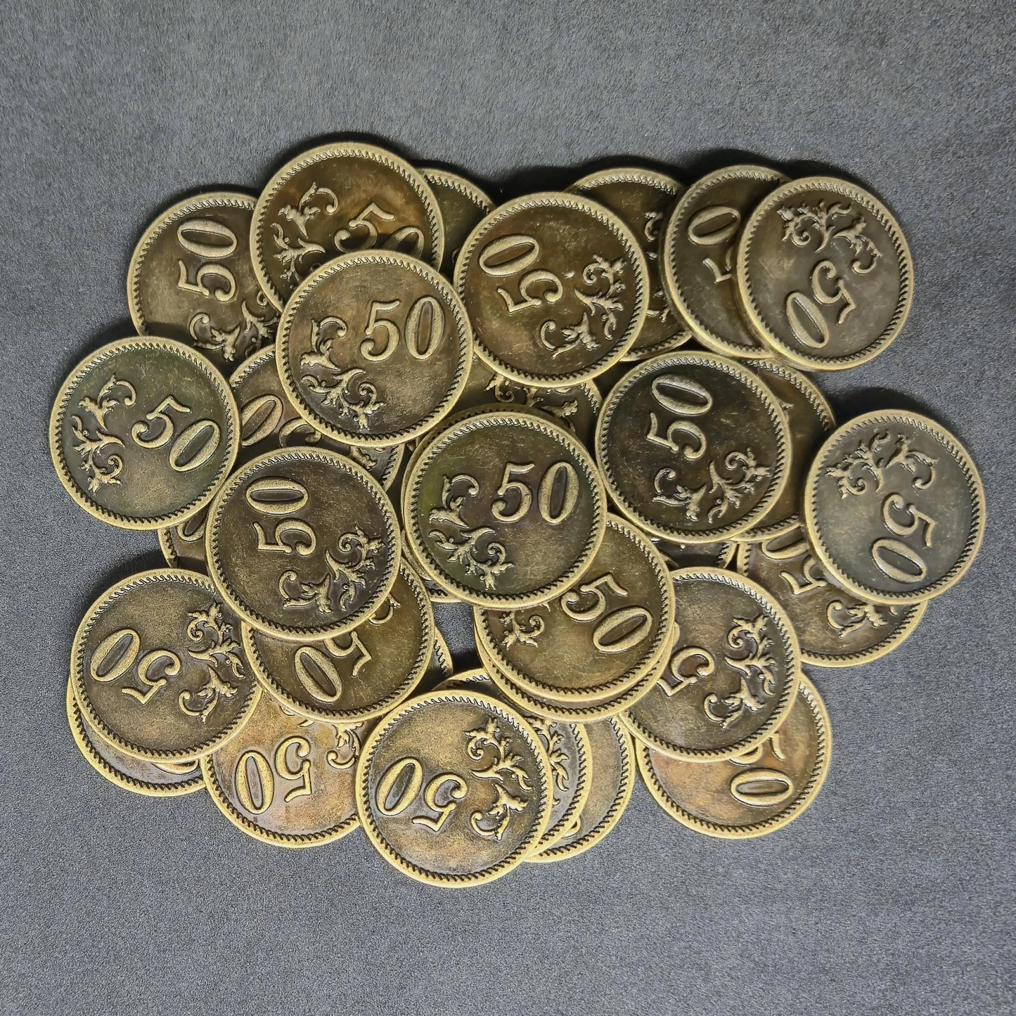 Antique gold metal coins of value 50 for board games, 25mm