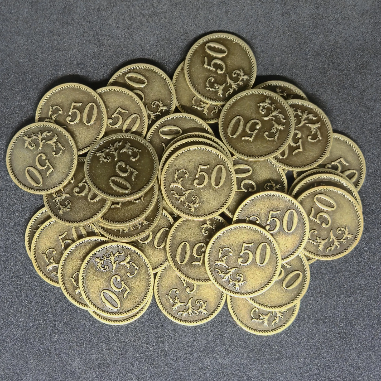 Gold metal coins of value 50 for board games, 25mm