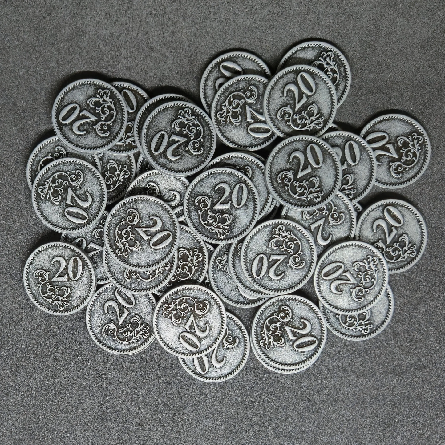 Silver metal coins of value 20 for board games, 22mm
