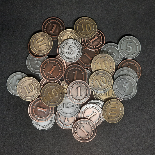 Set of plated bronze, silver and gold metal coins of value 1, 5 and 10 for board games, 25mm