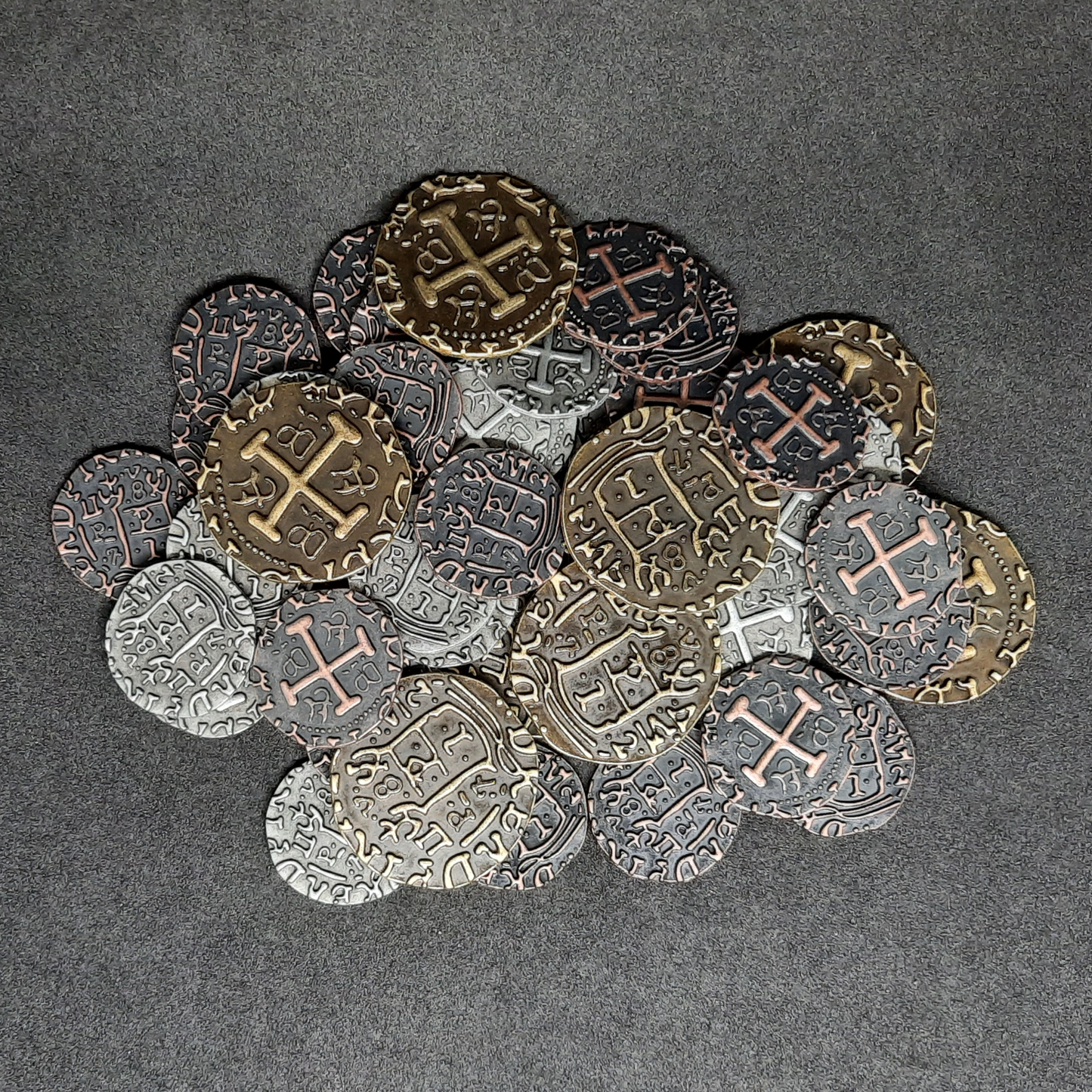 Set of antique pirate metal coins for board game, 20mm and 30mm